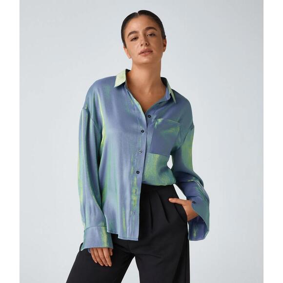 Halara Tops - NWT Halara Pocket High Low Curved Hem Shine Oversize Work Shirt Troposphere XS
